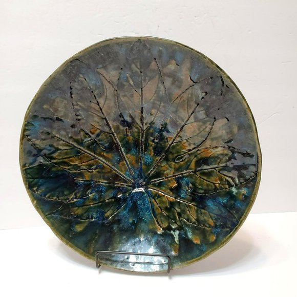 Large Studio Pottery Shallow Bowl, Blue Copper Mottled Glaze Leaf Design 11" Art - Picture 1 of 12